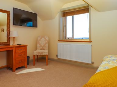 A bedroom corner with a wooden dresser mirror a patterned chair a wall-mounted tv and a window with a radiator below at Sherway Shippen in Clyst Hydon near Bradninch