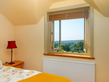 A bedroom with a bed a bedside table with a lamp an open window and a radiator at Sherway Shippen in Clyst Hydon near Bradninch