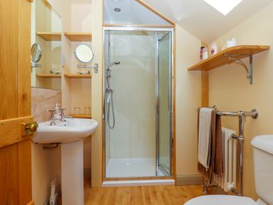 A bathroom with a shower enclosure sink with mirror wooden shelves and towel rack at Sherway Shippen in Clyst Hydon near Bradninch