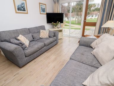 A living room with two gray sofas a television on a stand flowers on the stand and a sliding glass door showing a garden outside at Forbes C1 in Yarmouth