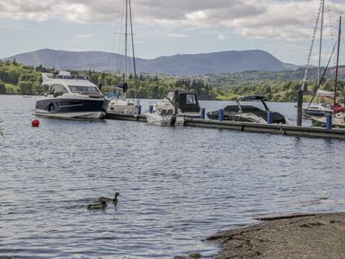 A lake with boats and ducks at Claife Flights Bowness-On-Windermere