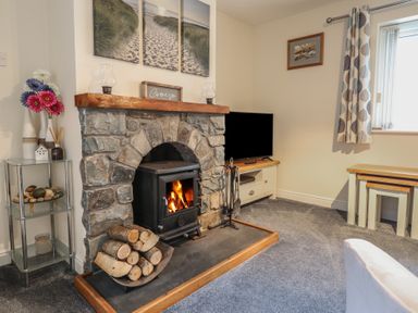 A living room with a stone fireplace and wood burning stove a TV on a stand and a small table with flowers at Ysgubor Newydd Parc Isaf in Dyffryn Ardudwy
