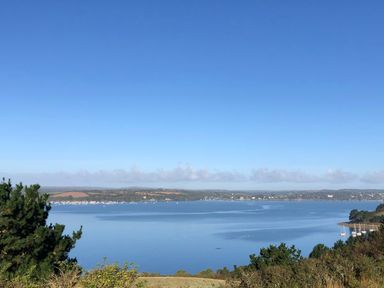 A view of a calm bay with boats and trees around at 3 The Bowling Green in St. Just in Roseland near St Mawes