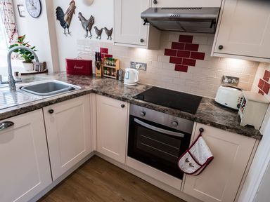 A kitchen corner with a sink, stove, oven, toaster, kettle, and decorative chicken wall hangings at October House Holiday Cabin in Damerham