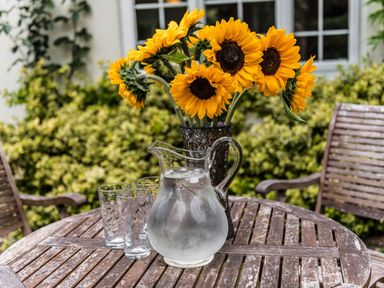 A wooden patio table with a glass pitcher of water ice glasses and a vase of sunflowers outdoors at October House Holiday Cabin in Damerham