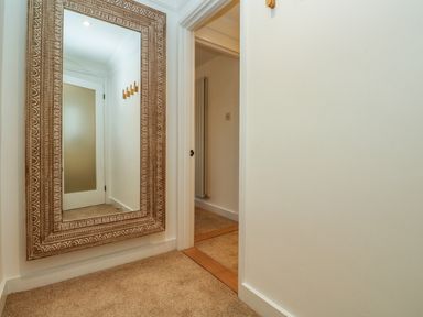 A hallway with a large ornate wall mirror and a door with frosted glass at Fal View in Falmouth