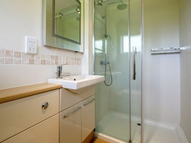 A bathroom with a sink and cabinet next to a glass shower enclosure at Trestar in Polzeath