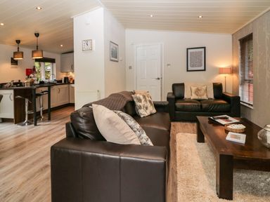 A living room with brown sofas and a wooden coffee table at Somerford Lodge Langdale 7 White Cross Bay near Windermere