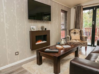 A living room with a wall-mounted television and fireplace a patterned armchair a dark wooden coffee table on a rug and glass sliding doors at Somerford Lodge in Langdale 7 White Cross Bay near Windermere