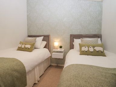 A bedroom with two single beds separated by a small floating nightstand with a lamp and a small plant at Somerford Lodge Langdale 7 White Cross Bay near Windermere