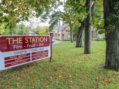 An outdoor area with trees and a large sign for The Station offering film food art near a stone building