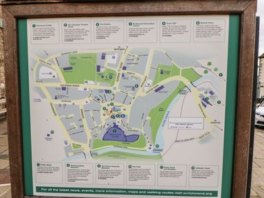 A detailed map of Richmond town showing landmarks roads parks and walking routes at Butterfly Lodge in Tunstall near Catterick North Yorkshire