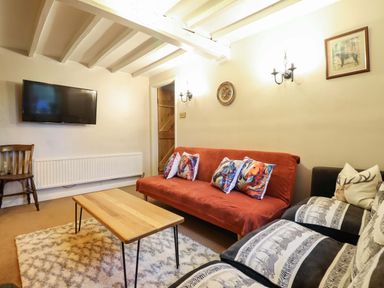 A living room with a sofa, coffee table and television at Bryn Y Garreg - The Wireless Free Farm (No Tech!) Y Trallwng