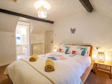 A bedroom with a bed and an adjoining bathroom at Bryn Y Garreg - The Wireless Free Farm (No Tech!) Y Trallwng