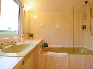 A bathroom with a bathtub and sink at Bryn Y Garreg - The Wireless Free Farm (No Tech!) Y Trallwng