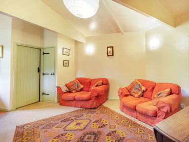 A living room with two orange sofas an oriental rug and green doors at The Log Cabin in Sheldon Blackdown Hills