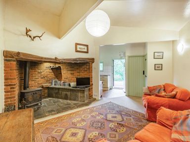 A living room with orange sofas a patterned rug a brick fireplace and wood stove at The Log Cabin in Sheldon Blackdown Hills