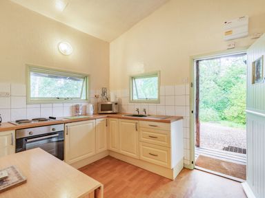 A kitchen with countertops a sink oven microwave and an open door showing greenery outside at The Log Cabin in Sheldon Blackdown Hills