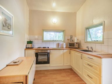 A kitchen with a stove oven microwave toaster and sink at The Log Cabin in Sheldon Blackdown Hills