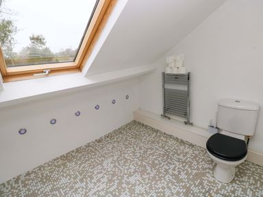 A bathroom with tiled floor a toilet with black seat a heated towel rack and a skylight window at Norchard Farm House Redberth near St Florence