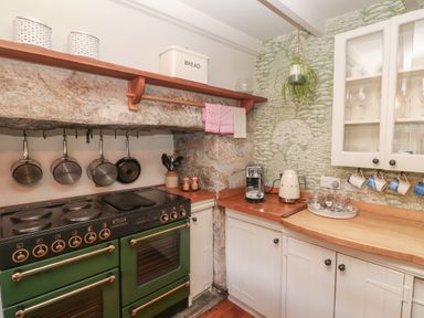 A kitchen corner with a green stove, hanging pans, white cabinets, countertop appliances, and a hanging plant at Apple Tree Cottage in Gweek
