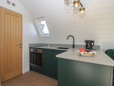 A kitchen with green cabinets a built-in oven a black kettle and a wooden door at Leadon View Willow in Upleadon near Newent
