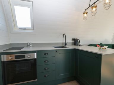 A kitchen with green cabinets a black oven black faucet and kettle under a window with three overhead lights at Leadon View Willow in Upleadon near Newent