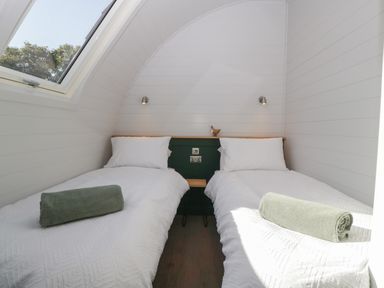 A bedroom with two single beds and a skylight window at Leadon View Willow in Upleadon near Newent