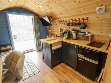 A small kitchen area with a wooden countertop black cabinets a sink hanging mugs a kettle a mini fridge and an open door showing outdoors at Hobhole in Keal Cotes near East Kirkby