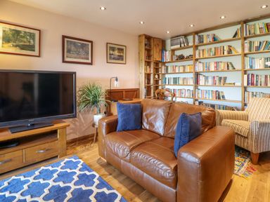 A living room with a brown leather sofa blue pillows a television wooden shelves filled with books and framed pictures on the wall at Hendre in Blaenau Ffestiniog