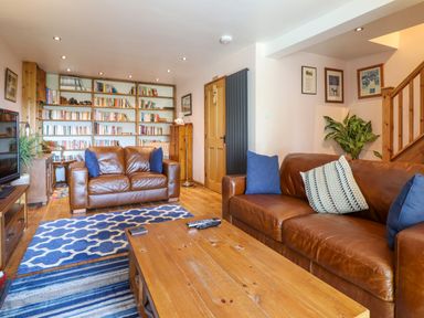 A living room with brown leather sofas blue cushions wooden coffee table bookshelves and a plant at Hendre in Blaenau Ffestiniog