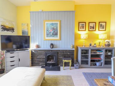 A living room with a television on a cabinet and a fireplace with a painting above at Hendre in Blaenau Ffestiniog
