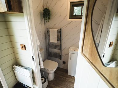 A small bathroom with a toilet, towel rack, small sink, hanging plant, and a heater at Little Otchan Shepherd's Hut Halsham near Roos