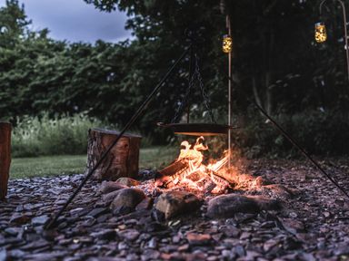 An outdoor fire pit with a tripod and hanging pan surrounded by stones with tree stumps for seating at Little Otchan Shepherd's Hut in Halsham near Roos