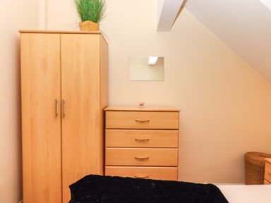 A bedroom corner with a wooden wardrobe a wooden chest of drawers with a small mirror above and a plant on top of the wardrobe at 5 Lakeview Rise Highampton near Hatherleigh