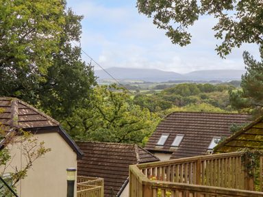 View of rooftops and trees with hills in the background at 5 Lakeview Rise Highampton near Hatherleigh
