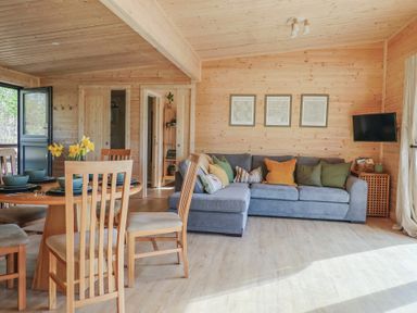 A living room with a dining table and chairs a blue sofa and a wall-mounted tv at Foxglove in Higher Wambrook near Chard