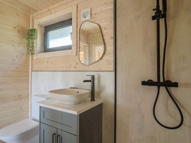 A bathroom with a toilet, sink with cabinet, mirror, shower area, and a window at Foxglove Higher Wambrook near Chard