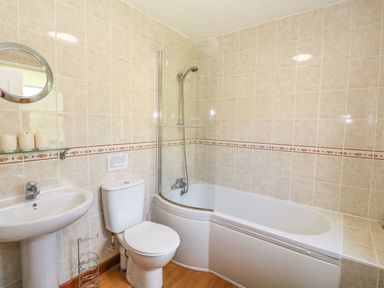 A bathroom with a toilet sink mirror and shower bathtub at Bwthyn Clyd in Llanddaniel Fab