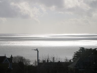 A coastal view with a shining sea and rooftops with trees in the foreground at Karenza in Penzance