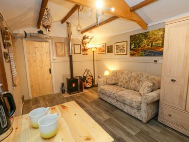 A living room with a floral sofa a wood burning stove wooden beams and framed pictures on the wall at The Cabin at Little Timbers in Ringwood