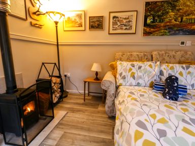 A room with a wood stove, floor lamp, small table with a lamp, sofa bed with patterned bedding and framed pictures on the wall at The Cabin at Little Timbers in Ringwood