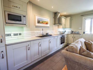 A kitchen with white cabinets a microwave oven countertop appliances and a gray sofa at Fox Howe in Thornthwaite