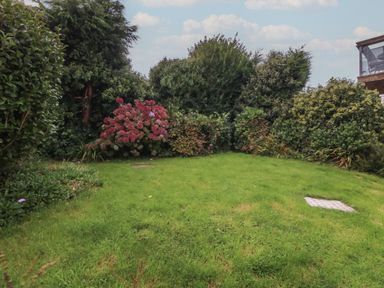 A garden with green grass and various bushes including pink flowers at Ty Nant in Abersoch