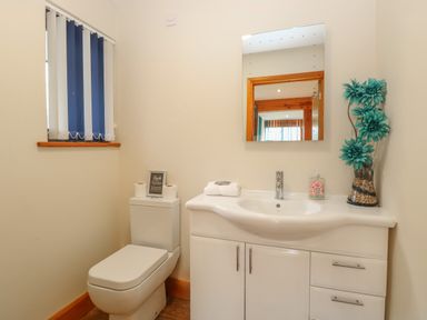 A bathroom with a toilet, a sink with cabinets, a mirror, a vase with blue flowers, and a window with blue and white vertical blinds at Tealby in Horning