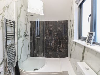 A bathroom shower with a glass screen and towel rail next to a window and toilet at Tealby in Horning