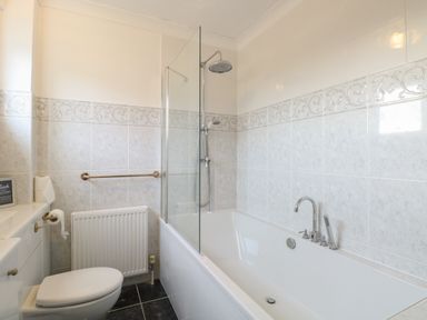 A bathroom with a bathtub shower combination a toilet and a radiator at White Gables in Horning