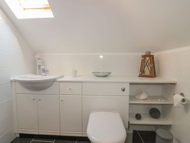 A bathroom with a sink toilet cabinet shelves and a skylight at Atlantic View in Holywell Bay