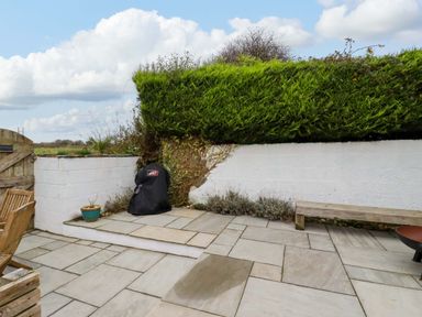 An outdoor stone patio with a wooden bench a covered grill a potted plant and hedges on a white wall at Crab Cottage in Delabole