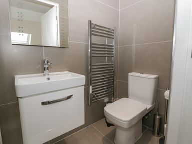 A bathroom with a toilet sink mirror and towel radiator at Edgemere Cottage in Cartmel